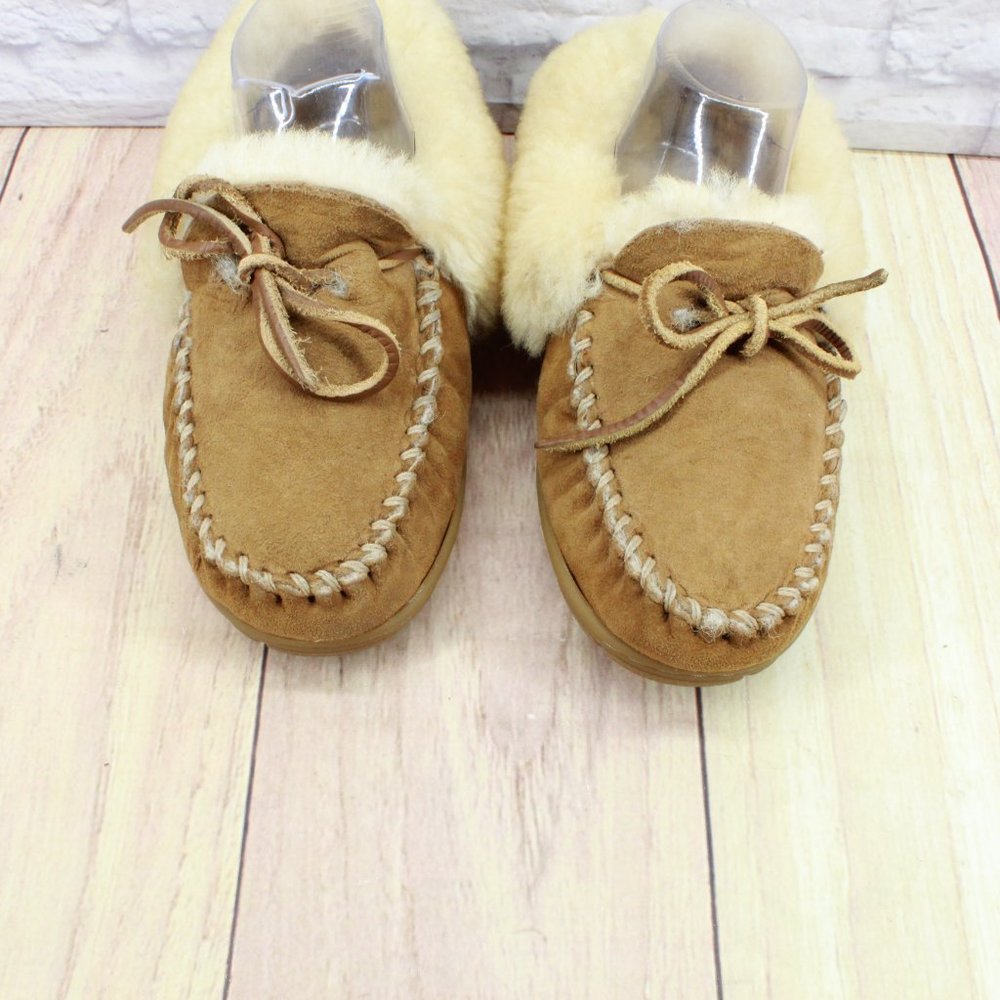 LL Bean Wicked Good Brown Suede Shearling Lined Moccasin Slippers Size 7 Medium - Picture 5 of 10
